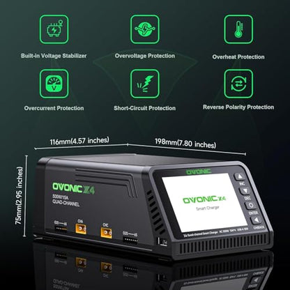 OVONIC X4 LiPo Balance Charger AC 500W 4 Channels, 15A per Channel, Supports 1S-6S LiPo/Li-ion/LiHV/Life and 3S-18S NiMH, Built-in Safety Protections