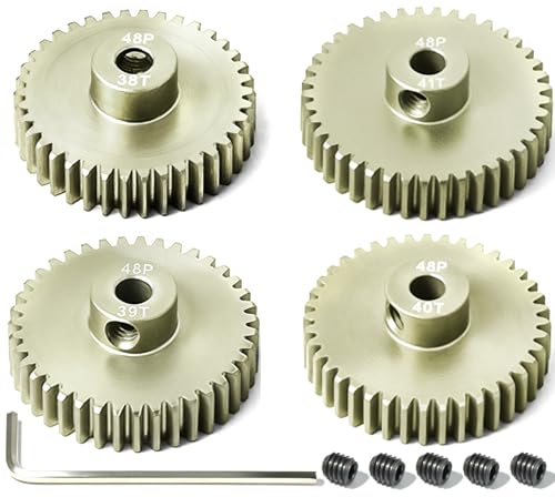 4Pcs 48P Aluminum Alloy Pinion Gear Set 3.175mm 38T 39T 40T 41T Motor Pinion Gear W M4 Screw and Hex Key, Fit 3.175mm (1/8-Inch) Shaft, for Arrma HPI Kyosho Losi Axial Traxxas Tamiya 1/10 RC Car - size: 48P-P-3.175mm-38-41T
