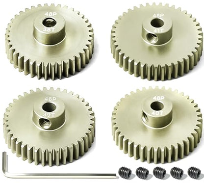 4Pcs 48P Aluminum Alloy Pinion Gear Set 3.175mm 38T 39T 40T 41T Motor Pinion Gear W M4 Screw and Hex Key, Fit 3.175mm (1/8-Inch) Shaft, for Arrma HPI Kyosho Losi Axial Traxxas Tamiya 1/10 RC Car - size: 48P-P-3.175mm-38-41T