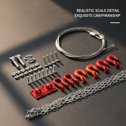 RC Tow Chain Metal Tow Rope Set, 1/10 1/24 Scale Metal Winch Accessories, Heavy Duty Off Road Trailer Hitch with Hooks for Axial SCX10 D90 RC Crawler Trailer