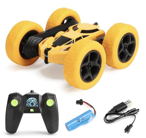 RC Flip Stunt Car Double-Sided 4x4 360 Degree Rotate, unixes (Yellow) | 2.4GHz Remote Control, Roll & Walk Stunts, Rechargeable Battery, Ages 6 and Up, TRP Vacuum Tires - color: Yellow