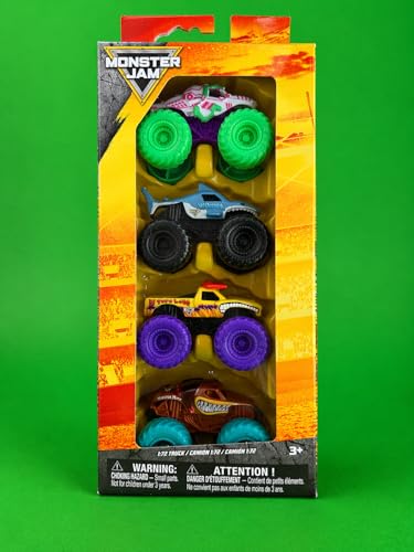 Monster Jam Official 4-Pack Die-Cast Monster Trucks, 1:72 Scale Mini Trucks Set – El Toro Loco, Megalodon, ThunderROARus, Monster Mutt – Kids Toy Gift Age 3+