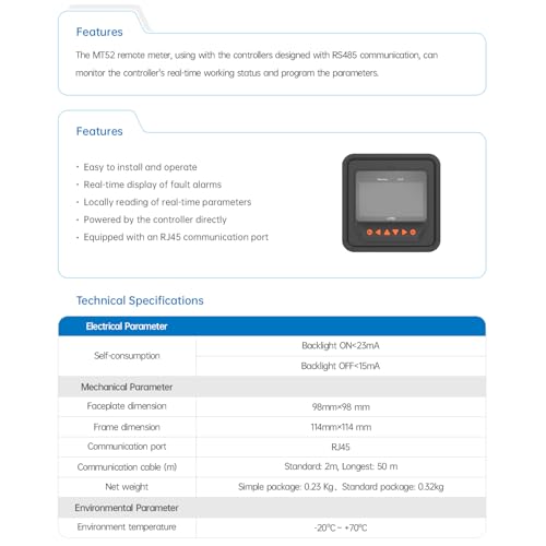 EPEVER MT52 Remote Meter for MPPT Solar Charge Controller 10/20/30/40A ,50/60/80/100A LCD Display Monitoring Setting Datas of Solar Panel Battery Regulator System (MT52) - style: MT50