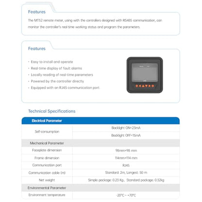 EPEVER MT52 Remote Meter for MPPT Solar Charge Controller 10/20/30/40A ,50/60/80/100A LCD Display Monitoring Setting Datas of Solar Panel Battery Regulator System (MT52) - style: MT50
