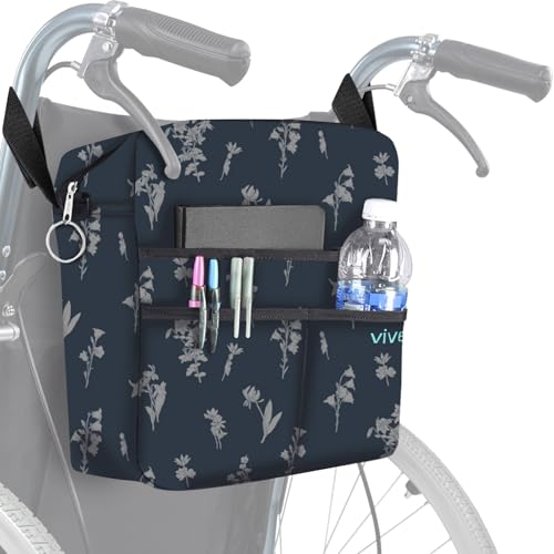 Vive Wheelchair Bag - Machine Washable, Double-Stitched, Water-Resistant Accessory Backpack for Rollators, Wheel Chairs, Walkers - Pouch with XL Pockets & Straps for Quick Installation - color: Blue Floral
