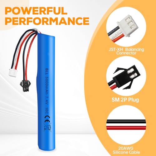 2PCS 7.4V 10C 3000mAh with SM-2P Plug with 2-in-1 Charger for MP5K M4 M110 SRB1200 SRB400 SRB400-SUB Airsoft Gel Bead Toy Gun Remote Control Toy Car Battery