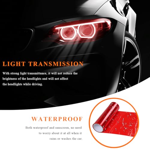 Sun Walker Car Light Tint Film, 12 x 48 Inch Waterproof Taillight Wrap Film Roll with Squeegee & Cutter, Self-Adhesive Vinyl Sticker Sheet Roll for Headlights Fog Lights Tail Lights (Red) - color: Red
