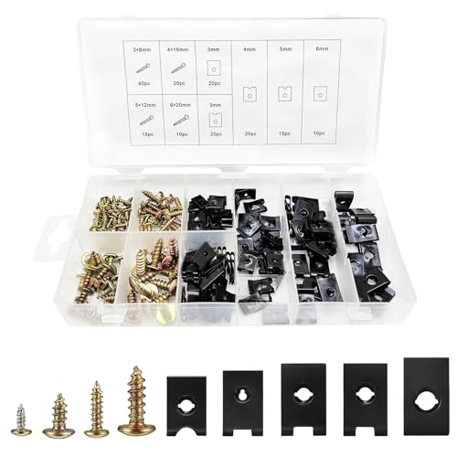 170PCS Car U Clips with Screw Assortment Kit, Automotive U Nut Screw Clip, Metal Body Panel Clip Fasteners Panel Retainer, 9 Sizes Metal Bumper Retainer Clips for Universal Automotive