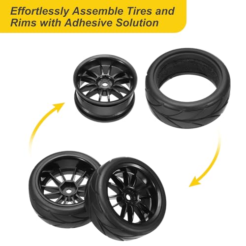 uxcell 4-Pair High-Grip RC Car Tire & Wheel Set for 1/10 Scale On-Road Touring Cars - Soft Rubber Tyres with 12mm Hubs, Black, Type A