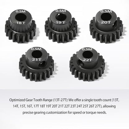 0.5M Pinion Gear 18T 19T 20T 21T 22T Hardened Steel 3.175mm Bore with 2.3mm Adapter Shaft, Gear for ARRMA 1/14 Typhon 1/16 Mojave 1/18 Granite, Losi 1/12, 0.5Mod Gear 13T-27T for HOBBYWING Motors - size: 18 19 20 21 22T, style: 5 Gears +5 Shafts Set