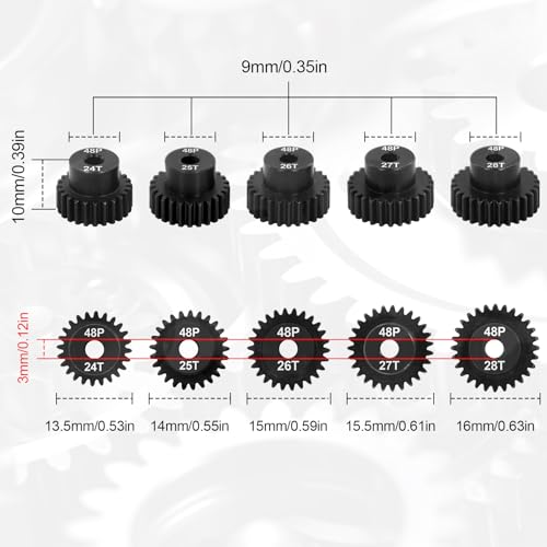 OGRC 48P 24T 25T 26T 27T 28T Pinion Gear for 1/10 RC Monster Truck Buggy | 0.53M, Hardened Steel, 3.175mm Shaft, for Arrma Traxxas Axial HSP Redcat Losi RC Car - size: 24T 25T 26T 27T 28T