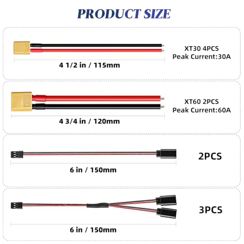 11 Pieces Ultra Durable XT30 Connector and XT60 Connectors Male Female Silicone Wire, Servo Extension Cable, 3 Pin Female to Male, Easy to Install, for RC Lipo, Drone, FPV, Car, Boat