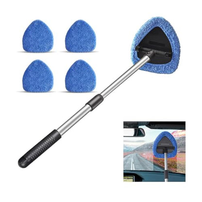 Car Windshield Cleaning Tool, Automotive Window Cleaner with 4 Reusable Washable Microfiber Pads & Extendable Handle, Vehicle Glass Wiper Kit, Universal for RV, SUV, Truck (Blue) - color: Blue