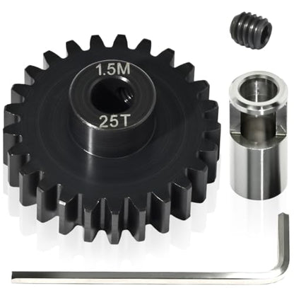 M1.5 25T Pinion Gear 8mm Bore with 8mm to 5mm Shaft Adapter Sleeve, Chromium Steel Motor Gear with Set Screw & Hex Key for Traxxas ARRMA Losi 1/5 1/8 RC Cars - size: 25T