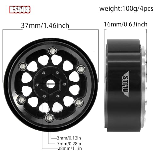 1.3" Aluminium Beadlock Wheels, RC Crawler Upgrade Parts for TRX4M SCX24 1/24 1/18 Scale RC Crawler Cars (black) - color: black