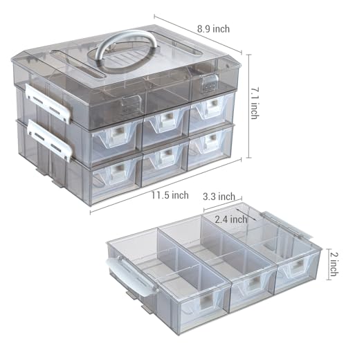 MyGift 11 Inch Smoke Gray Transparent Arts and Crafts Sewing Supplies Storage Organizer Case with White Accents, 24 Customizable Compartments, and 6 Drawers with Removable Dividers - color: Grey