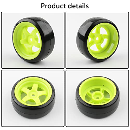 1/10 RC Drift Tires & Wheels, Fluorescent Green | Hard Plastic Drift Tires, 12mm Hex Rims, For HSP Redcat HPI Tamiya MST, Includes 8 Lock Nuts & Tool - color: Green