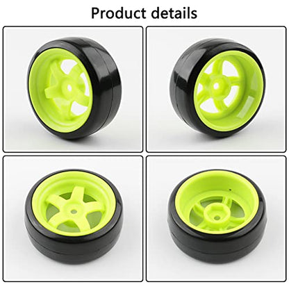 1/10 RC Drift Tires & Wheels, Fluorescent Green | Hard Plastic Drift Tires, 12mm Hex Rims, For HSP Redcat HPI Tamiya MST, Includes 8 Lock Nuts & Tool - color: Green