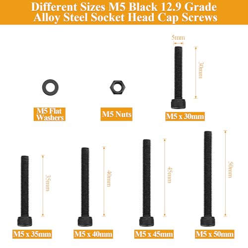 M5 Black Screws, Nuts & Washers Set - 95 Pieces, 12.9 Grade Alloy Steel, Fully Threaded, 30/35/40/45/50mm Hex Socket Head Cap Screws - size: M5 x 30-50mm, style: Socket Head