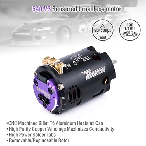 Surpass Hobby Rocket V3 540 13.5T Sensored Brushless Motor, 3200KV Competition RC Motor for 1/10 Drift Car, Touring Car and Racing Vehicles, Dual Sensor Ports, Adjustable Timing