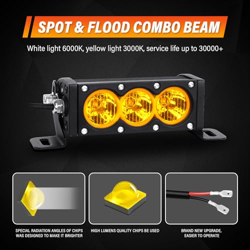 AUXTINGS 2 Pieces 6 inch Single Row Amber LED Light Bar 30W Off Road Light Bar Flood Beam LED Work Light Truck UTV 4x4 Cars SUVs ATVs Boats Fog Driving Light with Wiring Harness kit - size: 6 inch amber