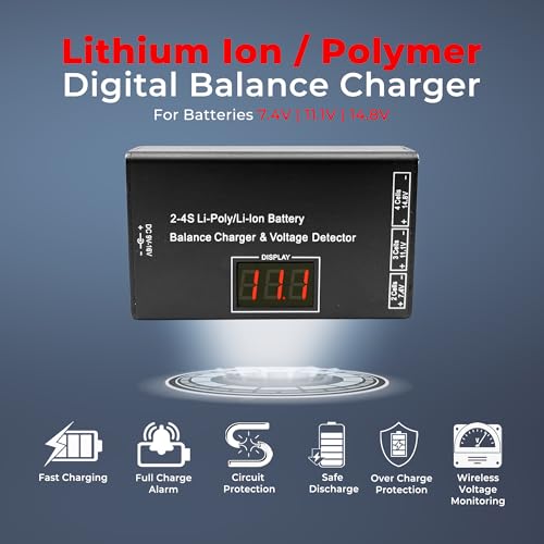 Airsoft Battery Charger LiPo Balance Charger for Lipo/Li-Ion Battery with Wireless Voltage Meter, Overcharge Protection Fast Charging and Safety Cut Off for 7.4V 11.1V 14.8V Airsoft RC Lithium Battery