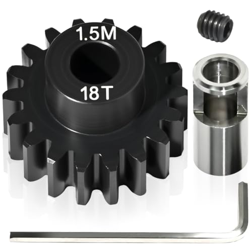 M1.5 18T Pinion Gear 8mm Bore with 8mm to 5mm Shaft Adapter Sleeve, Chromium Steel Motor Gear with Set Screw & Hex Key for Traxxas ARRMA Losi 1/5 1/8 RC Cars - size: 18T