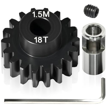M1.5 18T Pinion Gear 8mm Bore with 8mm to 5mm Shaft Adapter Sleeve, Chromium Steel Motor Gear with Set Screw & Hex Key for Traxxas ARRMA Losi 1/5 1/8 RC Cars - size: 18T