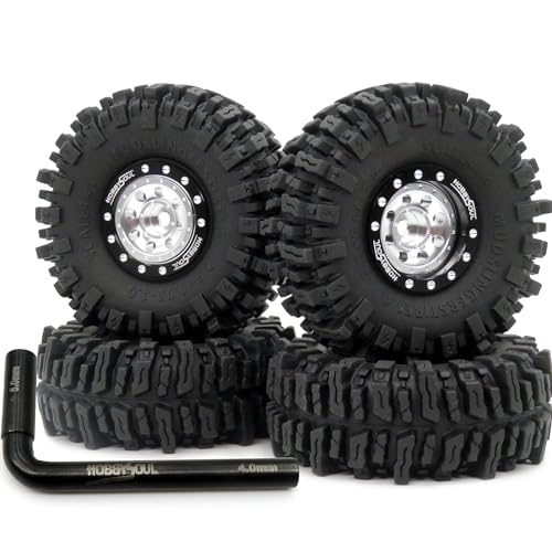 RC 64mm 1.0 Mud Slingers Tires Tyres & Metal 1.0 beadlock Wheels Adjustable Offset Rims, 1/18 1/24 Tires Wheels for RC Rock Crawler 1/18 TRX4M 1/24 SCX24 FCX24 - color: Black & Silver