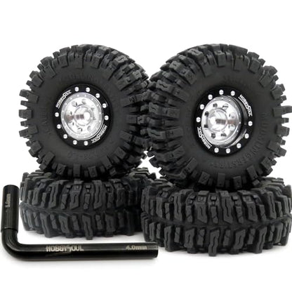 RC 64mm 1.0 Mud Slingers Tires Tyres & Metal 1.0 beadlock Wheels Adjustable Offset Rims, 1/18 1/24 Tires Wheels for RC Rock Crawler 1/18 TRX4M 1/24 SCX24 FCX24 - color: Black & Silver