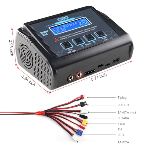 Lipo Battery Charger, 1-6S Balance Charger Discharge 150W 10A AC/DC for Li-Po Li-Hv Ion Fe NiMH NiCd Pb Hobby Batteries With Deans/Tamiya/JST/EC3/HiTec Connectors Cable Power Supply