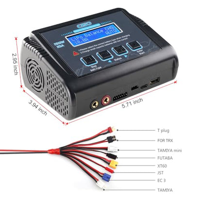 Lipo Battery Charger, 1-6S Balance Charger Discharge 150W 10A AC/DC for Li-Po Li-Hv Ion Fe NiMH NiCd Pb Hobby Batteries With Deans/Tamiya/JST/EC3/HiTec Connectors Cable Power Supply