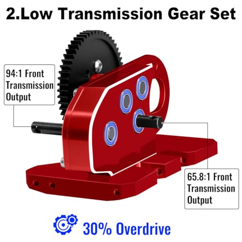 OGRC 2.Low Transmission 30% Overdrive Complete Gearbox for SCX10 Upgrades | Aluminum Housing, Steel Gear, with Skid Plate and 15T Pinion Gear, for Axial SCX10 RC Crawler Car, Red - color: Red