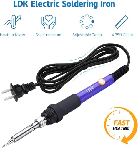 LDK Electric Soldering Iron Kit 60W, Adjustable Temperature Welding Tools | with 5pcs Tips, Desoldering Pump, Stand, Tweezers, Solder Tube, Screwdriver, Cutter and Carry Bag for Repaired Usage - color: Black