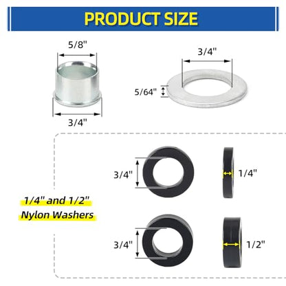 Bearing Bore Hole and Hub Length Adjustment Hardware Kit, with Flanged Bearing Sleeves, Nylon & Steel Washers