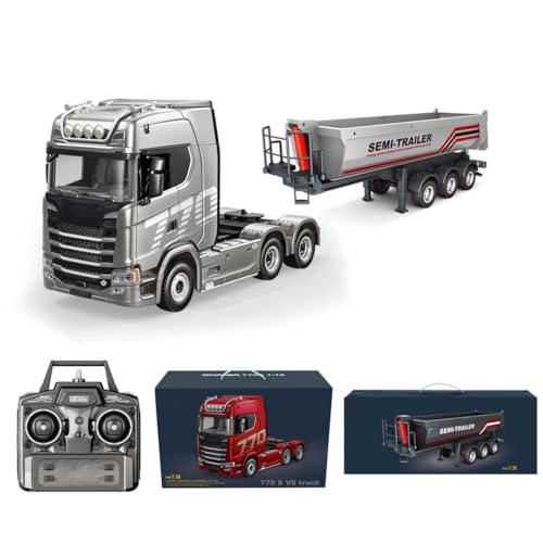 770S 1/18 RC Semi Trailer, 6x4 Heavy Duty Tractor Truck with Rear Wheel Drive, Adult Collectible Model (Silver All 2) - color: Silver All 2