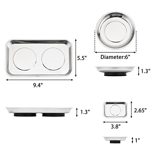 Mayouko 3PCS Magnetic Parts Tray Set, Stainless Steel Dish Holder, for Screw, Nuts, Bolts, Small Parts, Round Rectangular Magnetic Parts Dish - color: Mini, Round & Rectangular Tray Set