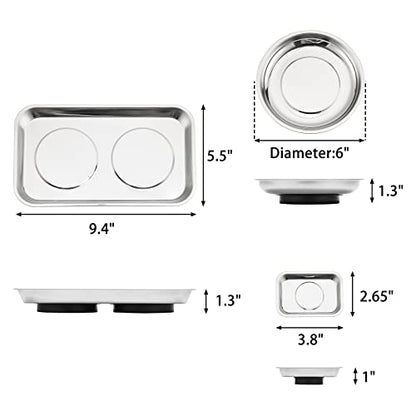 Mayouko 3PCS Magnetic Parts Tray Set, Stainless Steel Dish Holder, for Screw, Nuts, Bolts, Small Parts, Round Rectangular Magnetic Parts Dish - color: Mini, Round & Rectangular Tray Set