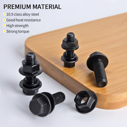 Flange Bolts Assortment Kit, M6 x 1.0, M8 x 1.25 M10 x 1.0 Flange Bolts Flange Nuts Assorted Bolts Metric Full Coarse Thread Nuts and Washers, Alloy Steel