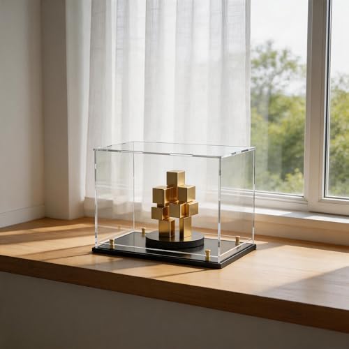 Acrylic Display Case with Raised Shelf, Clear Display Box with Black Base & Gold Standoffs, Dustproof Showcase for Collectibles, Figures, Model Cars – Easy Assembly (12×8×9.6 Inch) - size: 12"L x 8"W x 9.6"H