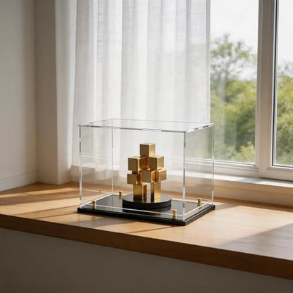 Acrylic Display Case with Raised Shelf, Clear Display Box with Black Base & Gold Standoffs, Dustproof Showcase for Collectibles, Figures, Model Cars – Easy Assembly (12×8×9.6 Inch) - size: 12"L x 8"W x 9.6"H