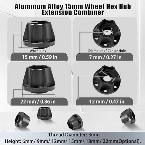 RC 15mm Metal Wheel Hex Hubs Extension Combiner Compatible with 1.9”/2.2” Beadlock Wheel Rim TRX4 Axial SCX10 Traxxas Wraith Gen7 Gen8 D90 CC01 1/10 RC Crawler, 4 Pcs - color: Black, size: 15mm