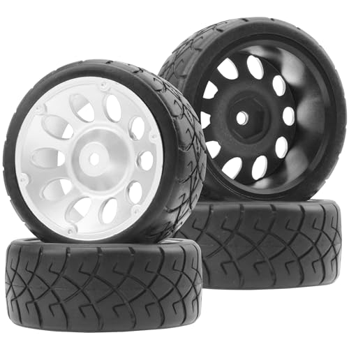 ShareGoo RC 1/10 On Road Tires OD2.55 Rubber & Plastics Wheel Rims 12mm Hex Compatible with HSP Tamiya TT01 XV01 Kyosho WR8 Sakura WLtoys Traxxas 1/10 RC On-Road Racing Touring Car