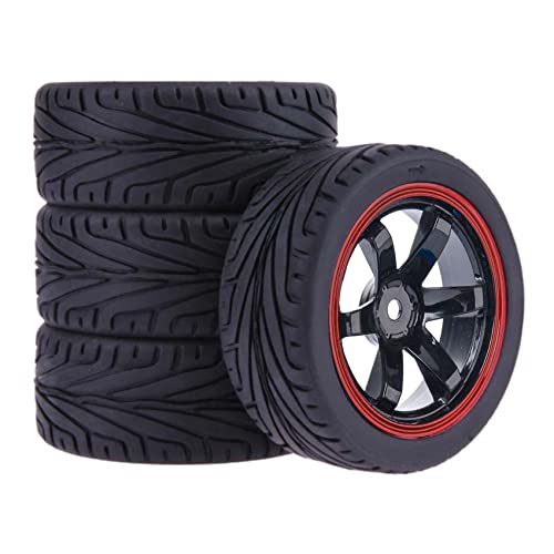 4PCS 1:10 RC Tires and Plastic Wheels Rims for 1/10 Scale On Road Touring Racing Drift Car HSP HPI Tamiya (Black Red) - color: Black Red