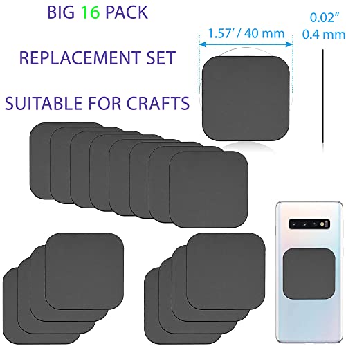 SALEX Phone Metal Stickers for Magnetic Mount - Replacement Set of 16 Car Magnet Square Metal Plates Inside Cell Phone Case. Black Sticky Small Thin Iron Discs with 3M Adhesive Backing for Crafts DIY - color: Square [16 Pack]