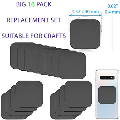 SALEX Phone Metal Stickers for Magnetic Mount - Replacement Set of 16 Car Magnet Square Metal Plates Inside Cell Phone Case. Black Sticky Small Thin Iron Discs with 3M Adhesive Backing for Crafts DIY - color: Square [16 Pack]