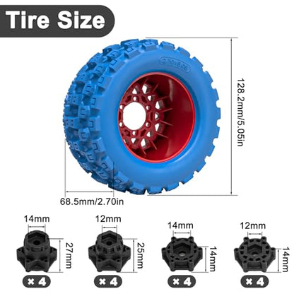 LRFHL MX28 F/R 2.8" RC Monster Truck Tires and Wheels 4PCS, Blue | 12mm/14mm Hex Adapter, 1/10 RC Monster Truck, Compatible with Traxxas Stampede Rustler Redcat Arrma Vorteks Big Rock Granite - color: Blue Tires+ Red Wheel-8