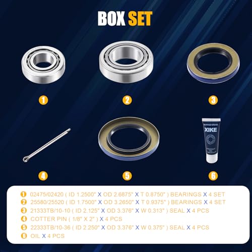 XiKe 4 Sets Boat Trailer Wheel Bearings 25580/25520 & 02475/02420 | Trailer Hub Kit Fits for 8,000 lb Axles, Includes 21333TB/10-10 Seal, 22333TB/ 10-36 Seal - size: 25580/20 ＆ 02475/20 + Seal ID 2.125'' ＆ 2.250'', style: Pack 4 Set