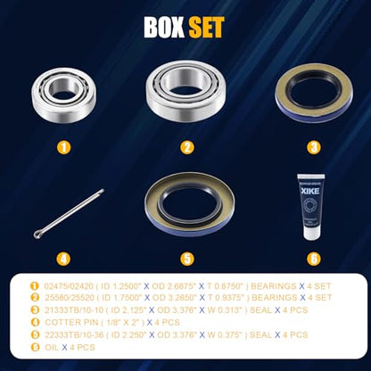XiKe 4 Sets Boat Trailer Wheel Bearings 25580/25520 & 02475/02420 | Trailer Hub Kit Fits for 8,000 lb Axles, Includes 21333TB/10-10 Seal, 22333TB/ 10-36 Seal - size: 25580/20 ＆ 02475/20 + Seal ID 2.125'' ＆ 2.250'', style: Pack 4 Set