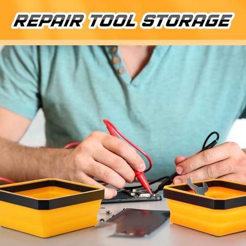 Barydat 10 Pcs Magnetic Tool Tray Collapsible Foldable Parts Trays Set Magnetic Screw Tray Magnetic Parts Bowl Square Silicone Magnetic Tool for Bolts Nuts Washers Pins Screw Parts (Orange) - color: Orange